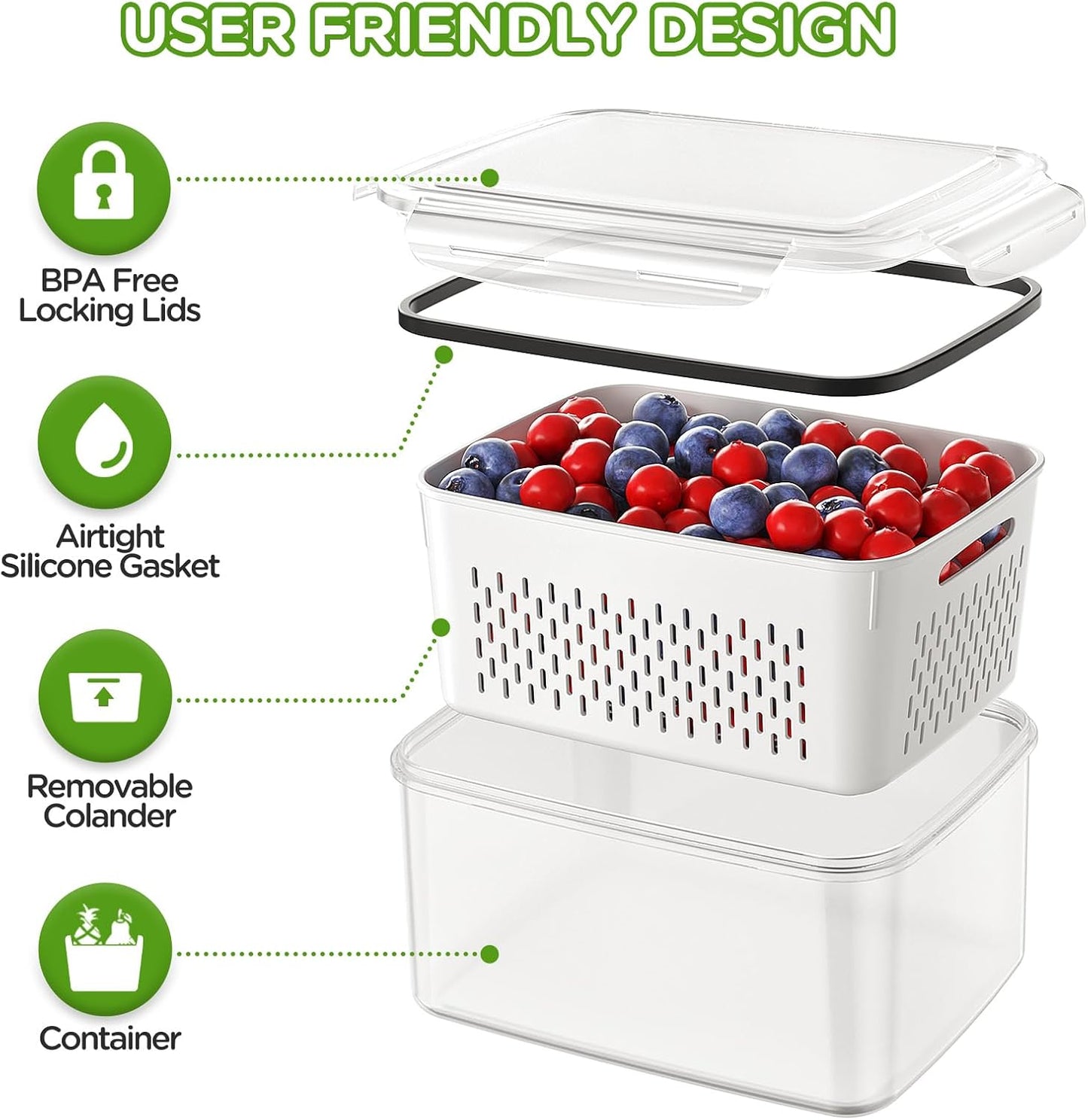 8-Pack Fruit Storage Containers for Fridge, Leakproof Fruit Containers for Fridge with Colanders, BPA-Free Produce Storage Containers with Lids Keep Fruits, Vegetables, Berry, Meat Fresh longer
