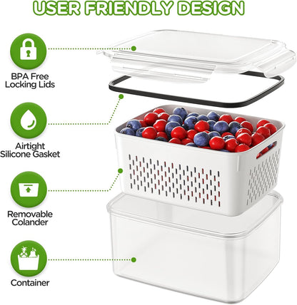 8-Pack Fruit Storage Containers for Fridge, Leakproof Fruit Containers for Fridge with Colanders, BPA-Free Produce Storage Containers with Lids Keep Fruits, Vegetables, Berry, Meat Fresh longer