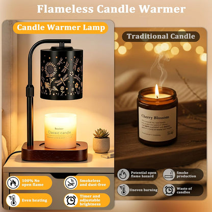 WIHTU Candle Warmer Lamp with Timer & Dimmer Dragonfly for Jar Candles | Metal Electric Wax Melt Warmer, Height Adjustable, Birthday Gift for Women Mom Her, Housewarming Home Decor, Include 2 Bulbs