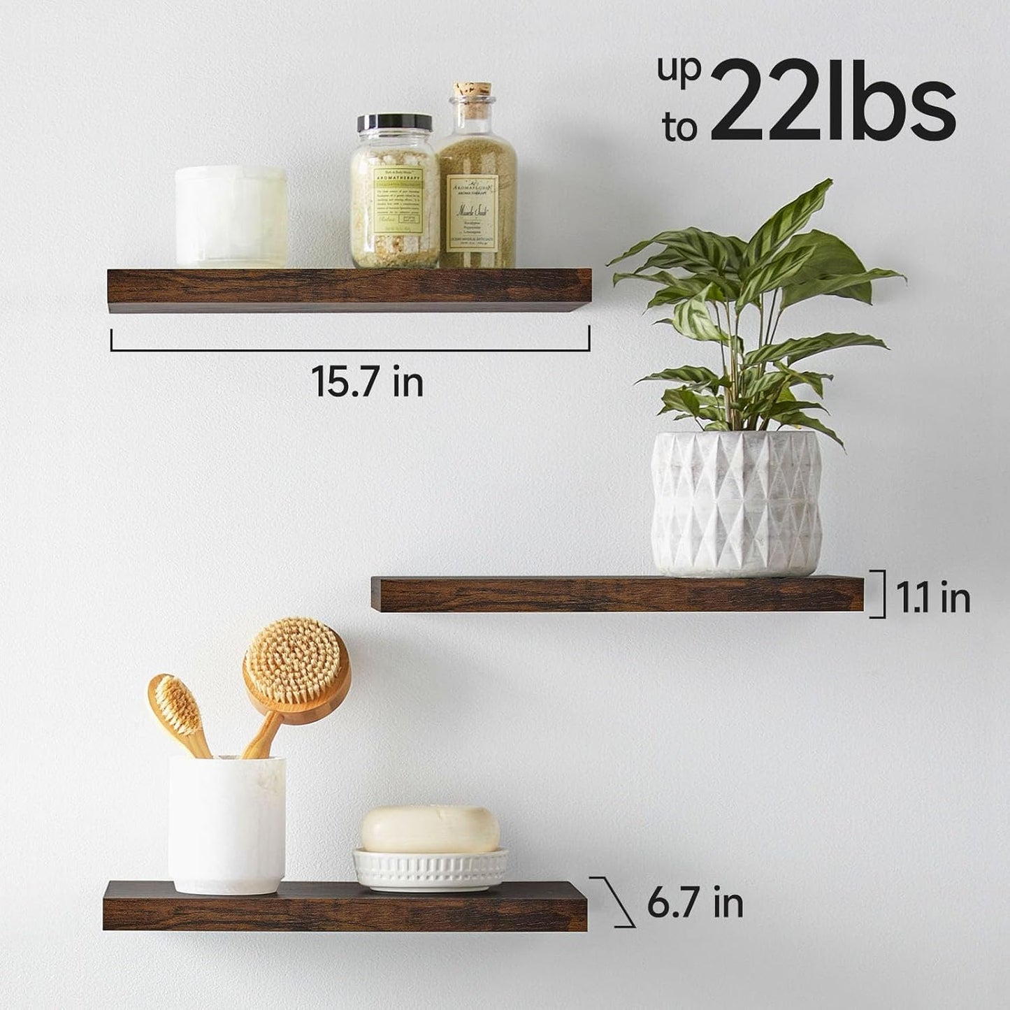 BAYKA Rustic Brown Floating Shelves 22.5in, Set of 2, Wall Mount Wood Shelf | Easy Install, 22lbs Max Load, Hidden Bracket, for Bathroom Bedroom Living Room or Kitchen, Hanging Shelf Book Decor Storage
