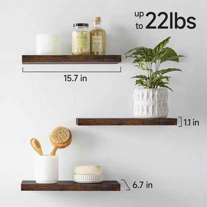 BAYKA Rustic Brown Floating Shelves 22.5in, Set of 2, Wall Mount Wood Shelf | Easy Install, 22lbs Max Load, Hidden Bracket, for Bathroom Bedroom Living Room or Kitchen, Hanging Shelf Book Decor Storage