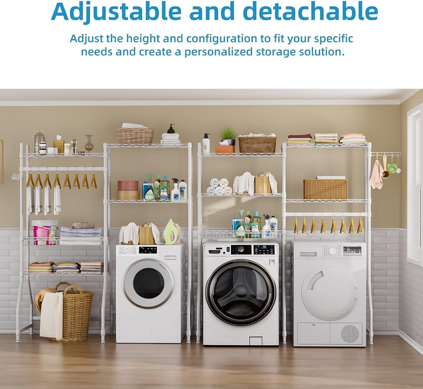 Golpart Laundry Organizer Shelves Over the Washer and Dryer Storage Shelf | Heavy Duty Laundry Room Organization Clothes Drying Rack Adjustable Height Wire Shelving and Wire Basket with Hanger Rod