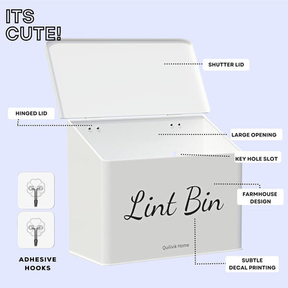 Metal Magnetic Lint Bin With Lid For Laundry Room Decor With Small Lint Holder Bin| Metal Box| Lint Holder Bins for Organzation (White, Small)