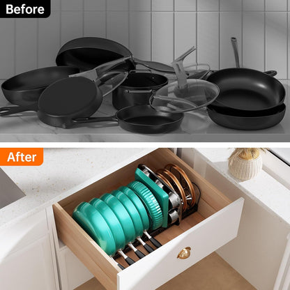 MUDEELA Expandable Pot Pan Lid Organizers inside Cabinet, 10 Divider-Black | Expandable 11.8–22.9", 10 Adjustable Divider, Tool-Free Assembly, Non-Slip, Scratch-Proof, For Pan Lid Cutting Board Bakeware