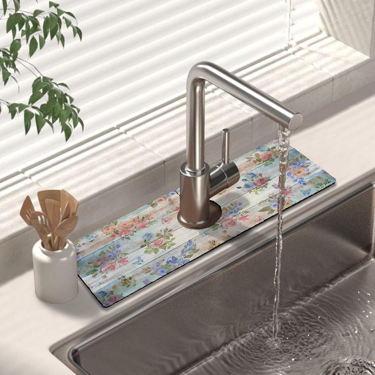 Kitchen Sink Splash Guard Faucet Mat 24" X 5.5" Tropical Leavesl Absorbent Fast Drying Mat Faucet Draining Mat Sink Splash Guard Behind Faucet Drip Catcher for Kitchen Bathroom