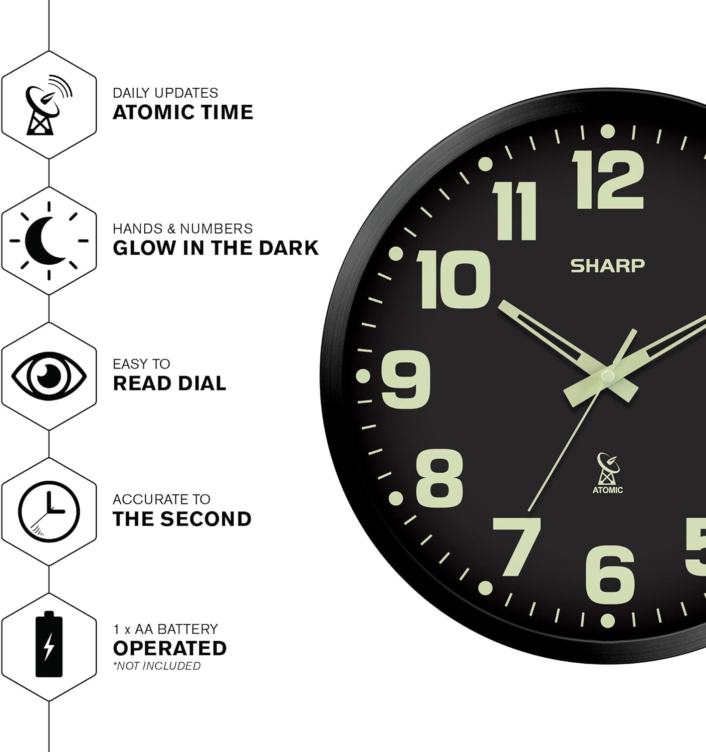 Sharp 12-Inch Atomic Wall Clock, Battery Operated, White with Black Frame | Self-setting atomic time; Easy-read analog face; Automatic time adjustment; Simple setup; Versatile home or office style