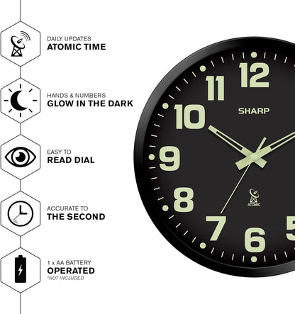 Sharp 12-Inch Atomic Wall Clock, Battery Operated, White with Black Frame | Self-setting atomic time; Easy-read analog face; Automatic time adjustment; Simple setup; Versatile home or office style