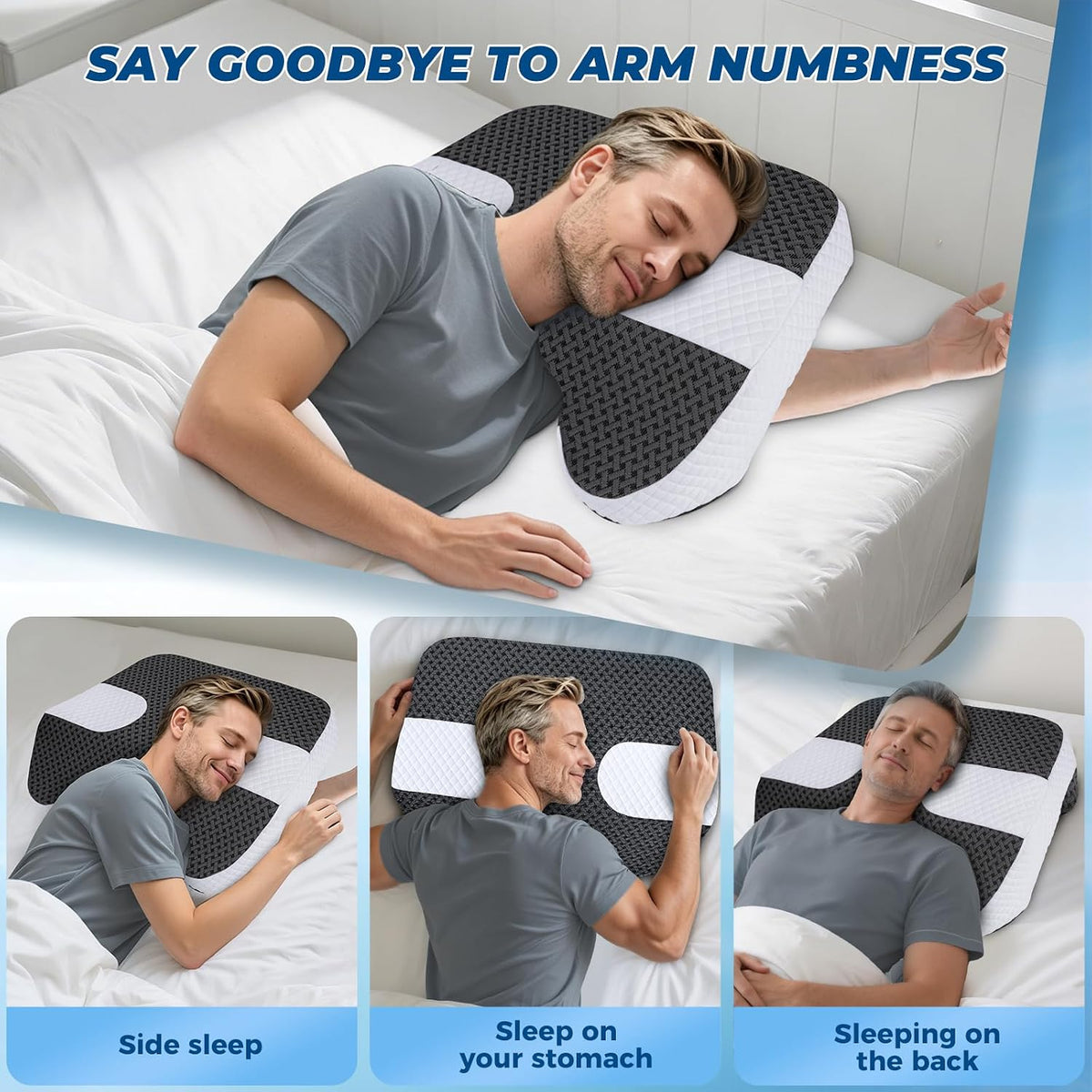 SAHEYER Side Sleeper Pillow with Arm Holes, 2 in 1 Shoulder Relief System for Rotator Cuff Pain, Memory Foam Pillow for Adults with 3 Arm Place Hole - for Side, Back and Stomach, Black