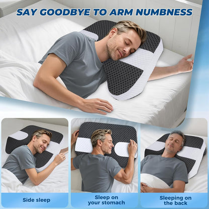 SAHEYER Side Sleeper Pillow with Arm Holes, 2 in 1 Shoulder Relief System for Rotator Cuff Pain, Memory Foam Pillow for Adults with 3 Arm Place Hole - for Side, Back and Stomach, Black