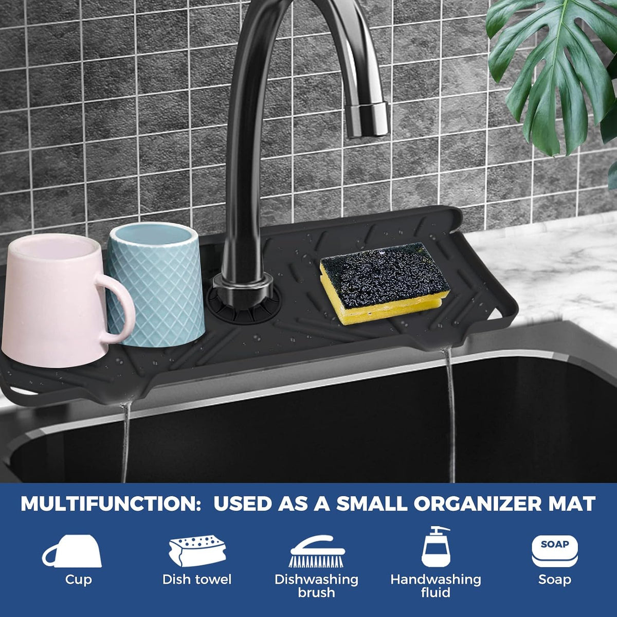 BFONS Silicone Faucet Handle Drip Catcher Drying Tray Mat Dish Soap Sponge Holder Accessories Gadgets for Kitchen Counter Bathroom Kitchen Sink Splash Guard -Grey