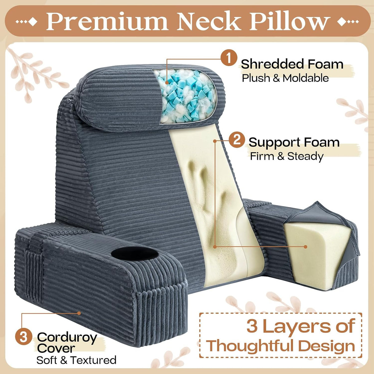 Reading Pillow/Backrest Pillow with Arms, Cup Holder & Phone Pocket