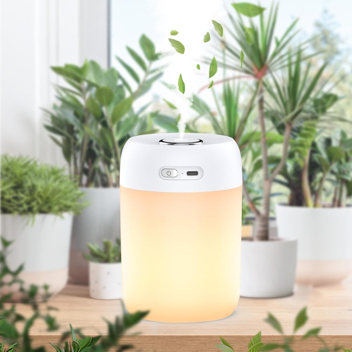 SZO Humidifier for Plants, 650ml Plant Humidifier Indoor, White | Small Plant Humidifier with Warm Light for Plants, Bedroom, Office Desktop, Baby Room