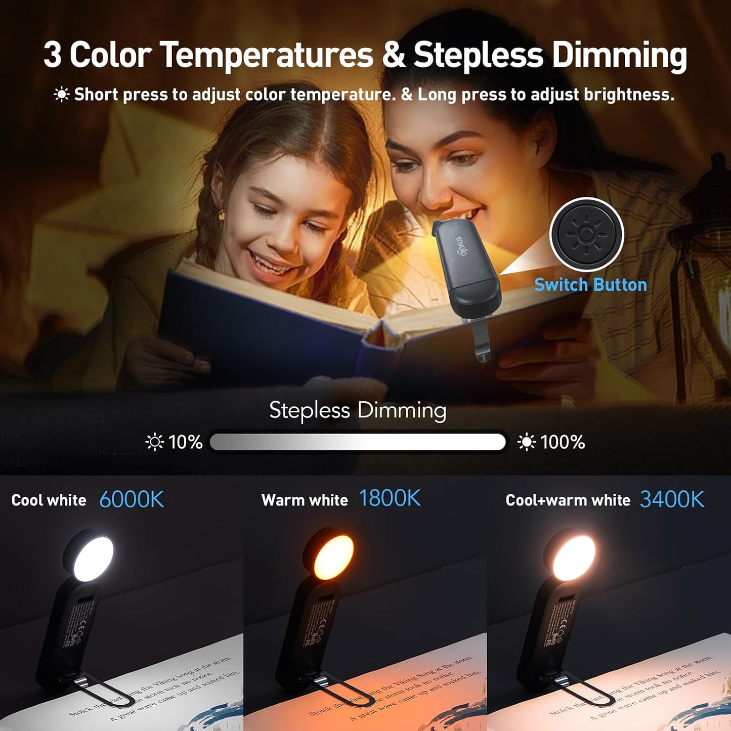 VAVOFO USB Rechargeable Bookmark Reading Light, Blue Light Blocking Amber LEDs for Bedtime Reading - Clip On, 9 Lighting Modes