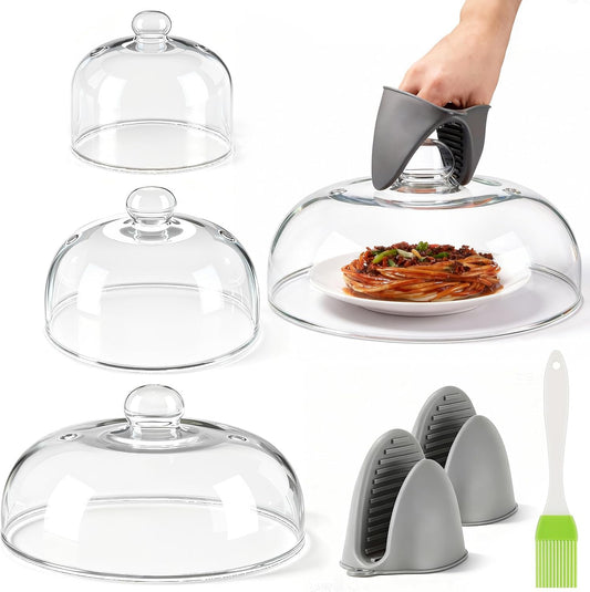 3 Sizes Glass Microwave Splatter Cover for Food, 6/8/10 Inch, Tall Splatter Guard with Basting Brush Oven Mitts Borosilicate Glass Non Toxic Non Plastic with Vent Hole for Food Dishwasher Safe