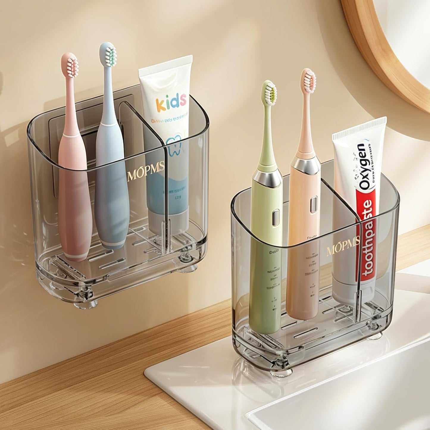 MOPMS Toothbrush Holders with Drainage for Bathrooms Countertop Organizer | 2 Slots Electric Toothbrush Holder Wall-Mount with Divider for Easy Clean, Tooth Brush and Toothpaste Holder for Bathroom