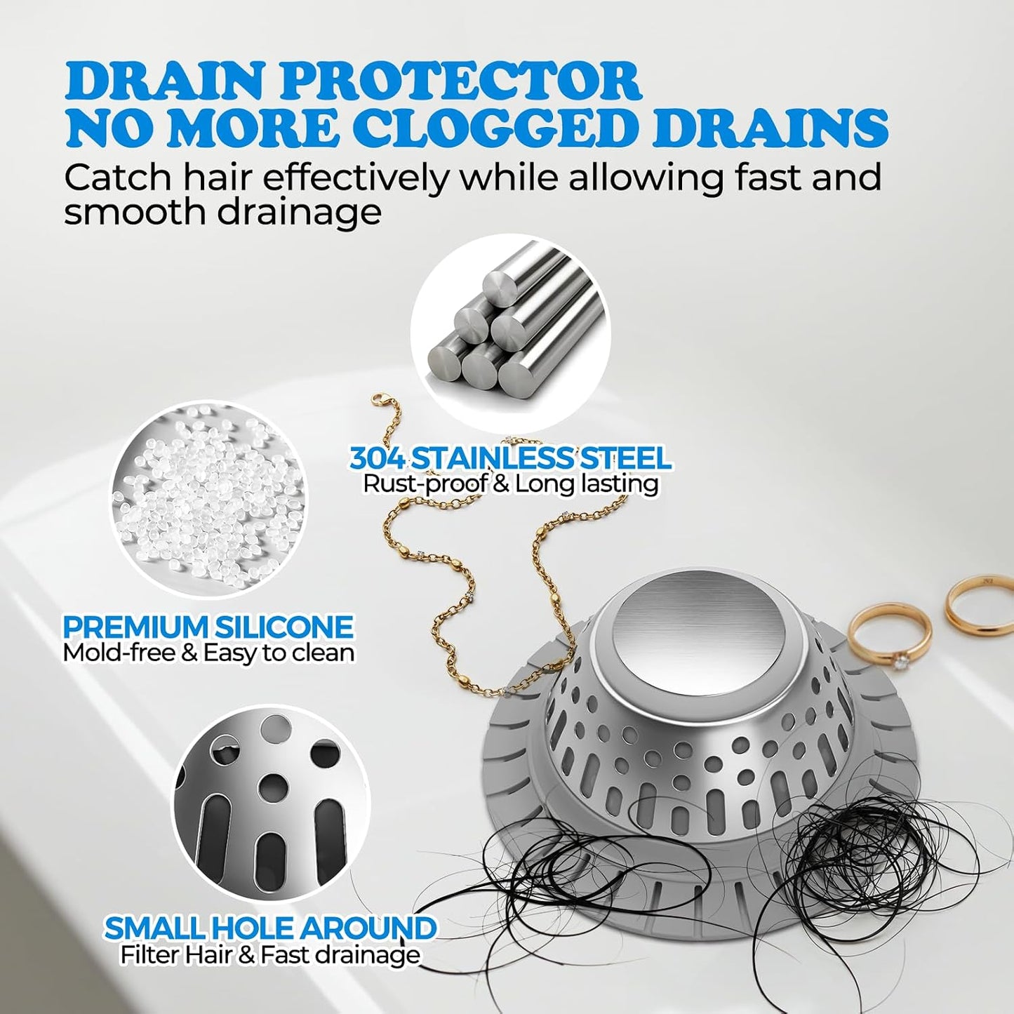 Shower Drain Hair Catcher Bathtub Drain Strainer Sink Drain Protector | Collapsible Pop-Up Drain Hair Catcher, Traps Hair & Prevents Clogs, Easy to Clean, Bathroom Fixture Accessories, Gray