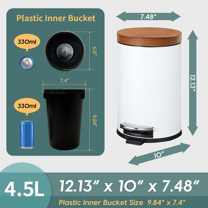 SunnyPoint Elite Bamboo Lid 4.5 Liter / 1.2 Gallon Round Trash Can with Plastic Inner Bucket; Bathroom, Office, Kitchen and Bedroom Step On and Slow Close (Black)
