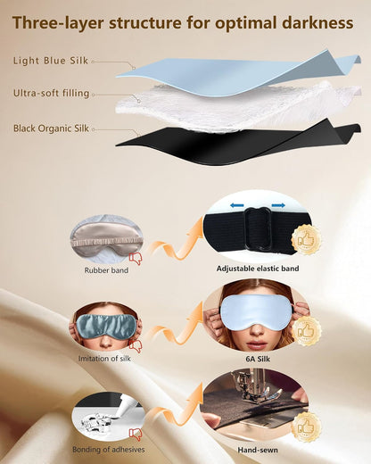 Silk Sleep Mask for Women and Men - Soft Breathable Organic Natural Mulberry Silk Fabric Blackout Eye Mask with Adjustable Straps No Pressure Eye Mask for Travel Essentials Gifts (Black)