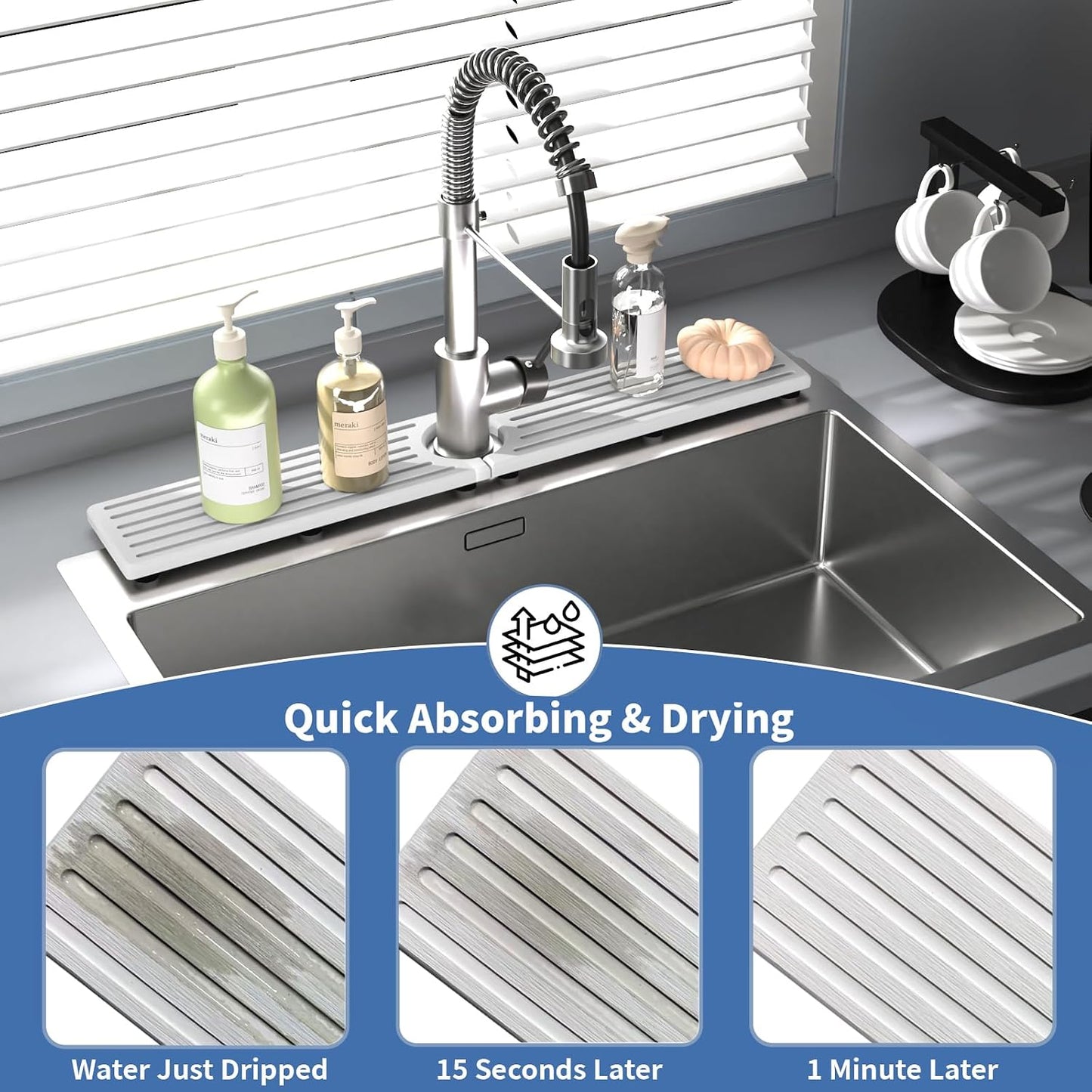 Faucet Mat for Kitchen Sink with Raised Feet, Stone Sink Mat Quick Dry around Faucet, Water Absorbent Stone Tray, Sink Splash Guard & Protectors, Stone Drying Mat for kitchen Counter