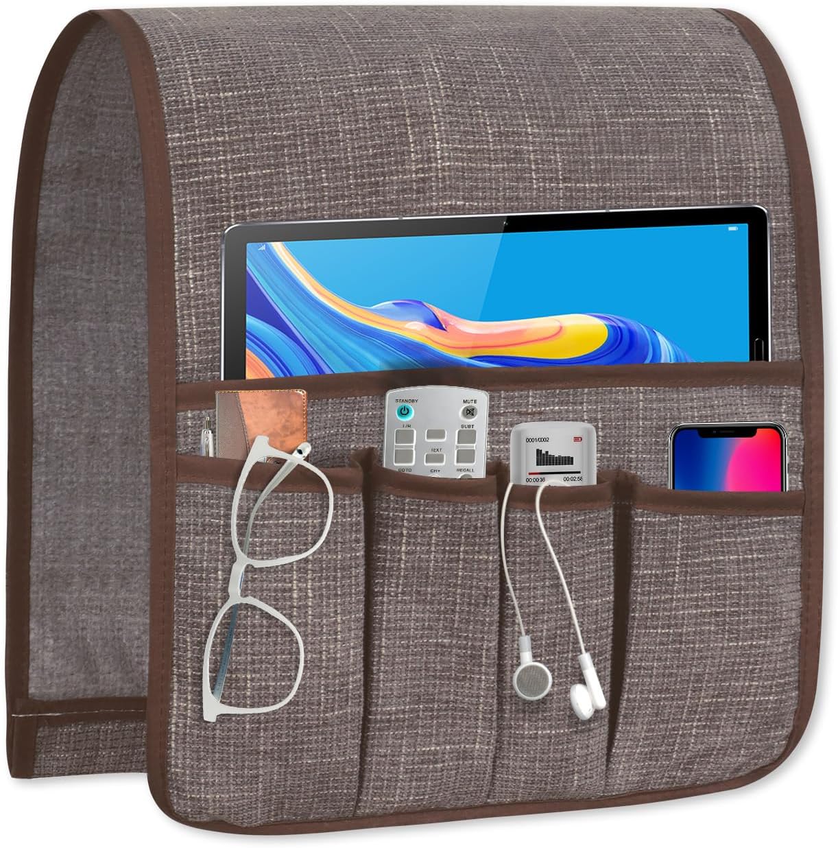 Remote Control Holder, Anti Slip Armchair Caddy Couch Caddy with 5 Pockets | Remote Holder Couch Caddy with 5 Pockets for Storage Accessories Bedside Organizer Senior Gifts (Beige,35''x12.4'')