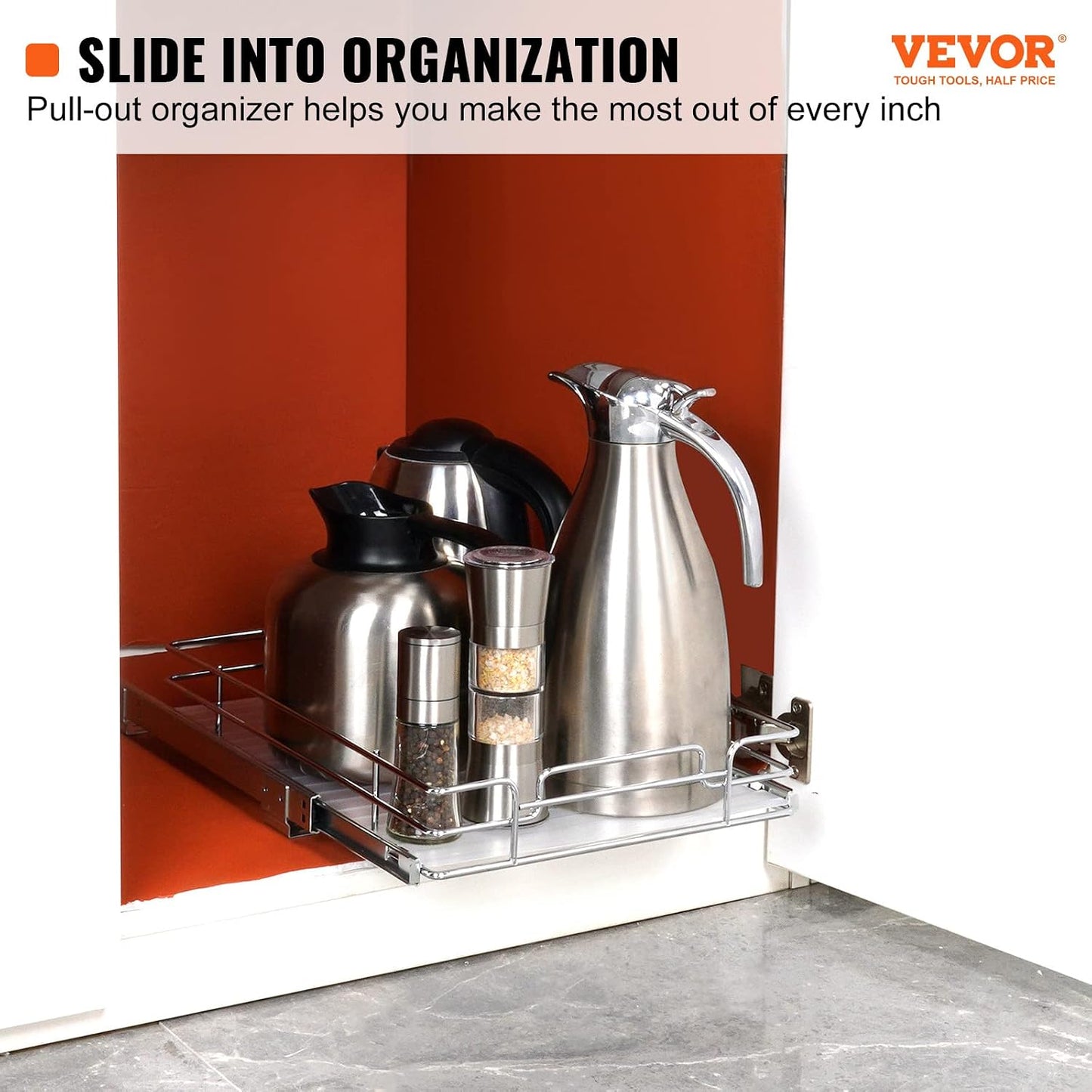 VEVOR 18.5"Wx21"Dx3.5"H Pull Out Cabinet Organizer, Heavy Duty Slide Out Pantry Shelves, Chrome-Plated Steel Roll Out Drawer, Drawer Storage for Home Under Sink, 20"Wx22"Dx7"H Install Size for Cabinet
