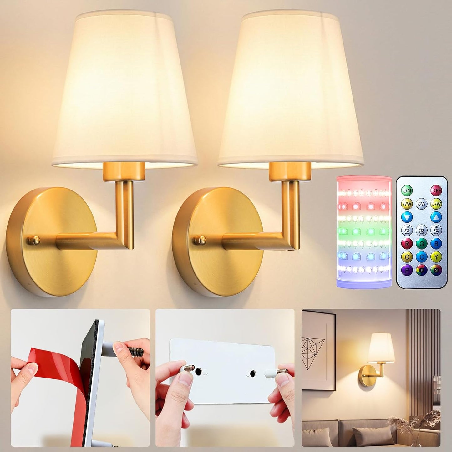 Battery Operated Wall Sconces Set Of Two, Wireless Battery Wall Light With 10000mAh RGB Rechargeable Magnetic Bulb, Rechargeable Wall Sconce With Remote Control For Bedroom, No Electrician Required