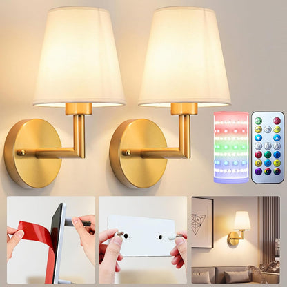Battery Operated Wall Sconces Set Of Two, Wireless Battery Wall Light With 10000mAh RGB Rechargeable Magnetic Bulb, Rechargeable Wall Sconce With Remote Control For Bedroom, No Electrician Required