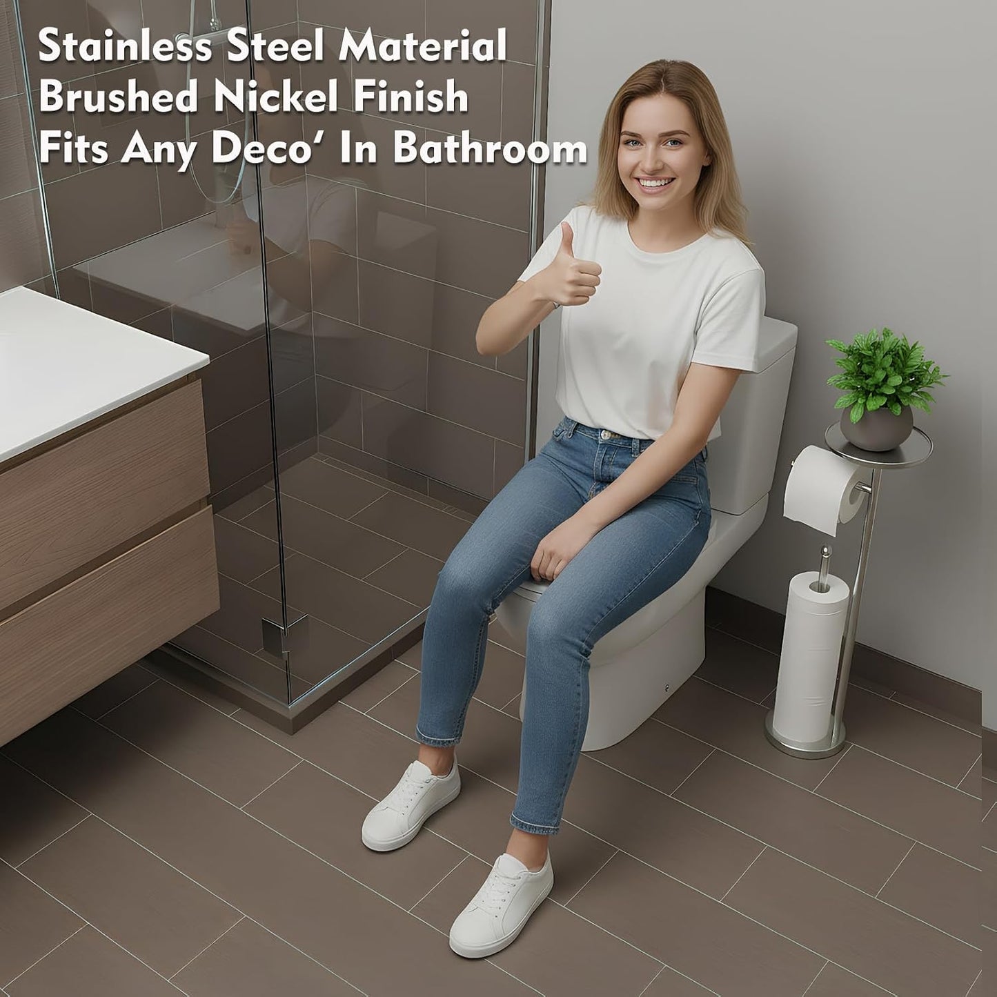Gold Toilet Paper Holder with Shelf, Tissue Roll Holder Stand with Storage for Holding Extra 4 Toilet Paper Rolls, Stainless Steel Rustproof Freestanding (Brushed Gold)