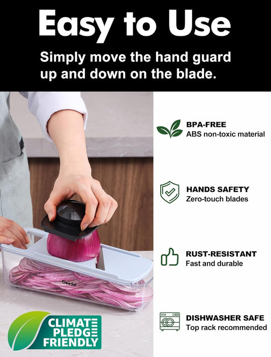 Geedel Professional Mandoline Slicer for Kitchen, Multi Purpose Vegetable Slicer Cutter, Vegetable Cutter Onion Cutter for Veggie Fruit Cheese | Slice, Shred & Julienne, Sharp Stainless Steel Blades, Dishwasher Safe, No BPA, Safety Hand Guard, For