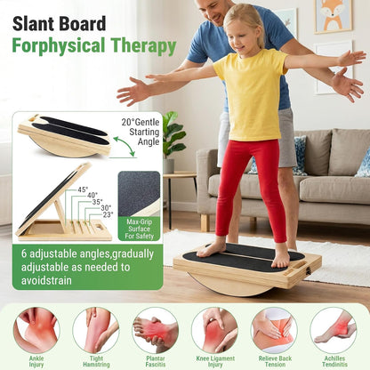 Wooden Slant Board, 2-in-1 Adjustable Calf Stretcher, 300lb | 180° Adjustable,6 Angle,withTraining Poster,Portable Incline Board,Physical Therapy,Ankle Stretching