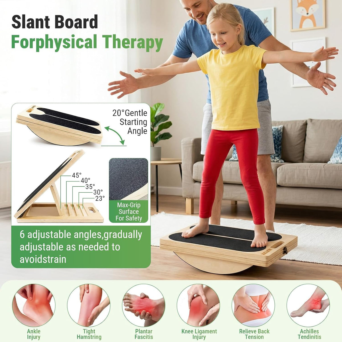 Wooden Slant Board, 2-in-1 Adjustable Calf Stretcher, 300lb