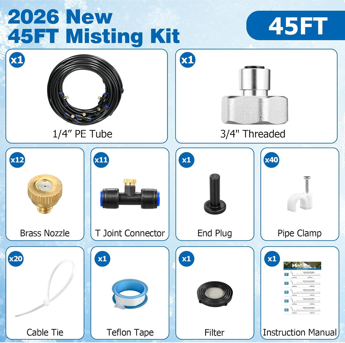 Mellbree Misters for Outside Patio 45FT/14M, Pre-Assembled Misting Cooling System with 12 Brass Nozzles & 3/4" Adapter, Outdoor Mister for Patio, Garden, Greenhouse, Pavilion, Dog House, Chicken Coop