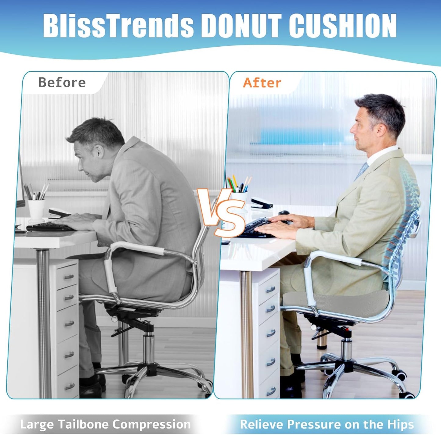 BlissTrends Donut Pillow Seat Cushion, Memory Foam Lifting Cushions(Black) | Donut Chair Cushions for Postpartum Pregnancy & Hemorrhoids,Tailbone Pain Relief Cushion for Office&Home Chairs