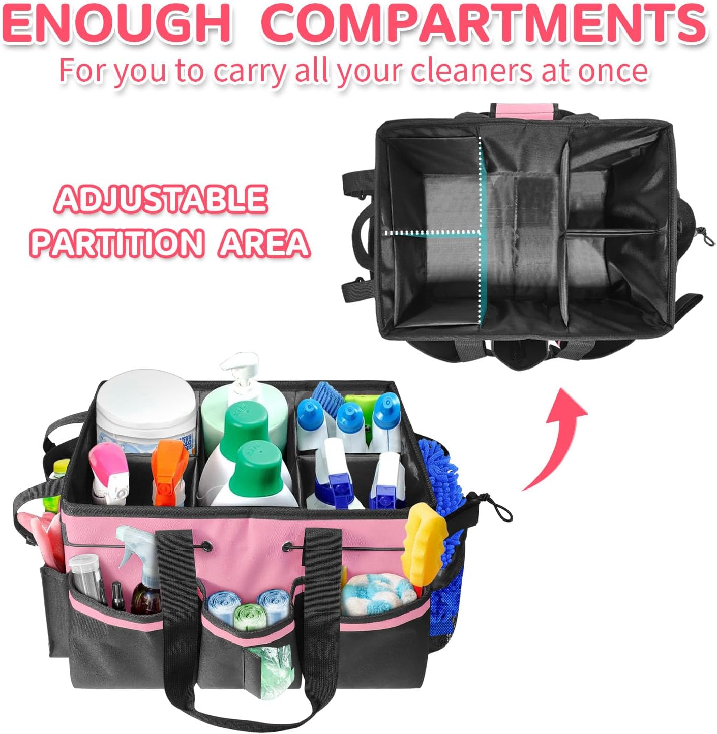 Boczif Cleaning Caddy Bag Wearable,Cleaning Caddy Supplies Organizer(Pink) | with Handle, Shoulder Straps & Detachable Divide, Cleaning Tool Organizers Tote Bag for Cleaners & Housekeepers