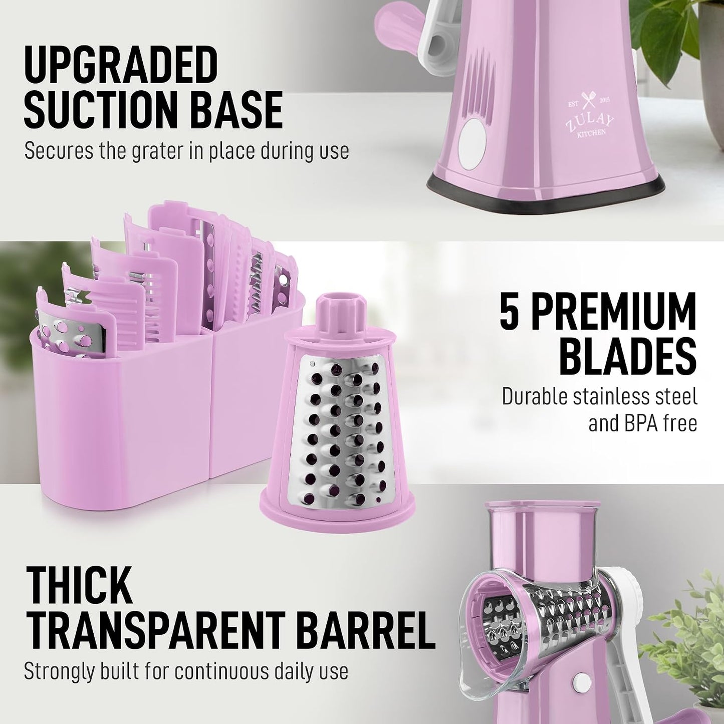 Zulay Kitchen Rotary Cheese Grater 5 Blade Cheese Shredder - Manual Hand Crank Cheese Grater With Reinforced Suction & 5 Interchangeable Drums - Easy to Use, Vegetable Chopper Round Mandoline Slicer - Colors A