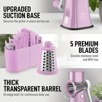 Zulay Kitchen Rotary Cheese Grater 5 Blade Cheese Shredder - Manual Hand Crank Cheese Grater With Reinforced Suction & 5 Interchangeable Drums - Easy to Use, Vegetable Chopper Round Mandoline Slicer - Colors A