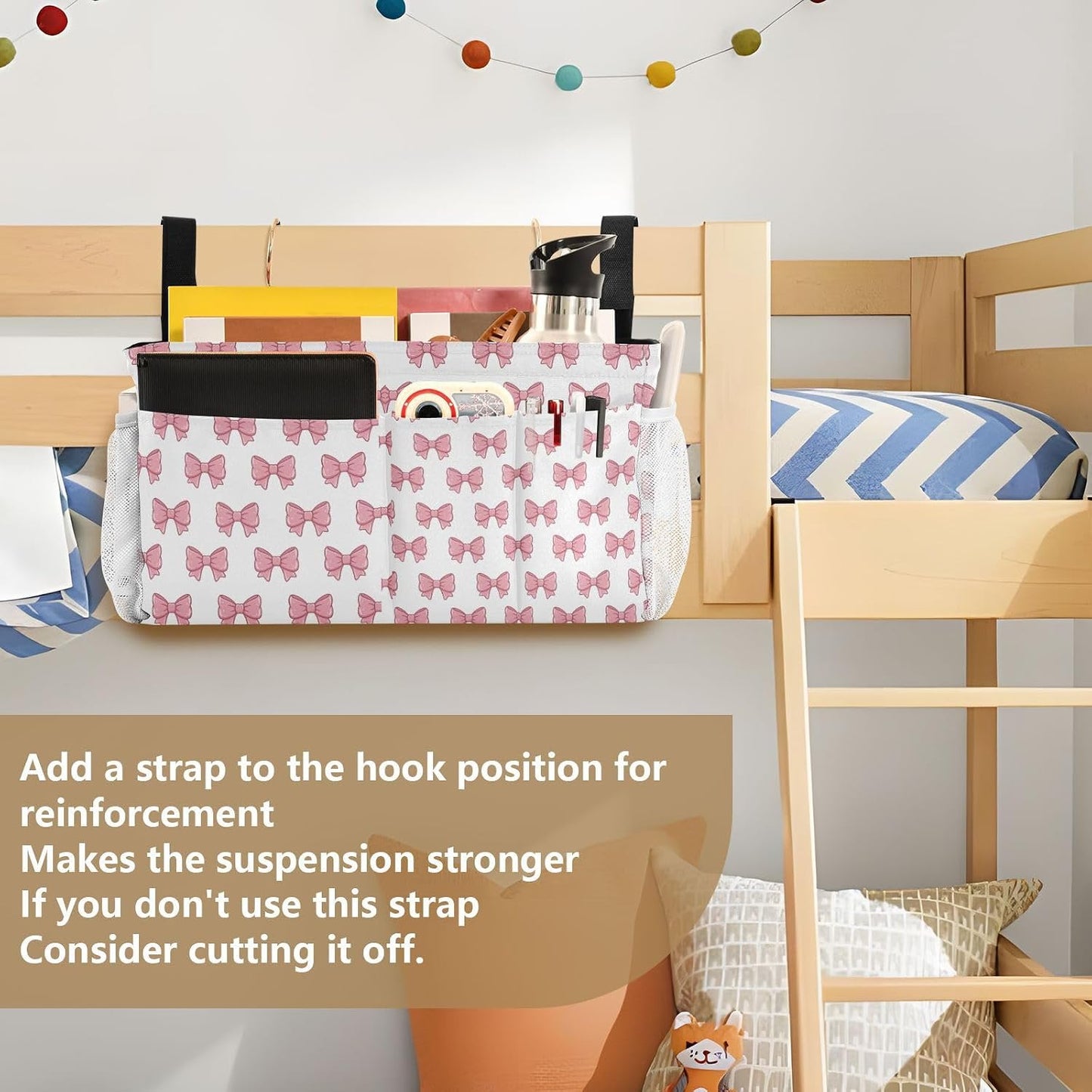 Bedside Caddy Hanging Storage Bag Pink Bows Bedside Organizer Caddy for Bunk, Dorm Room, Hospital Beds - Place Magazines / Remotes / Keys