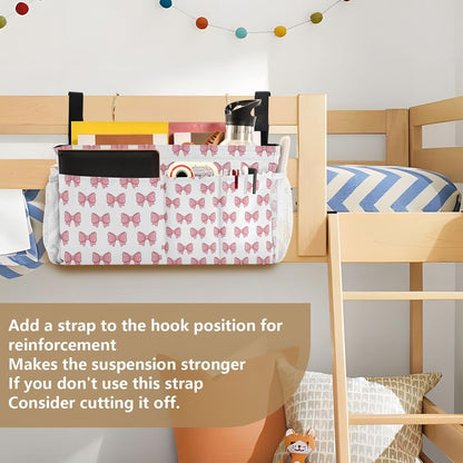 Bedside Caddy Hanging Storage Bag Pink Bows Bedside Organizer Caddy for Bunk, Dorm Room, Hospital Beds - Place Magazines / Remotes / Keys