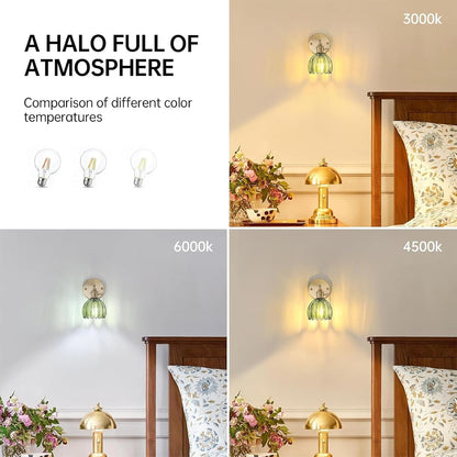 Shenmoyl Vintage Battery Operated Wall Sconce with Green Tulip Glass Lampshade Rechargeable Battery Powered Wall Light with Remote Control for Bedside Bedroom Doorway
