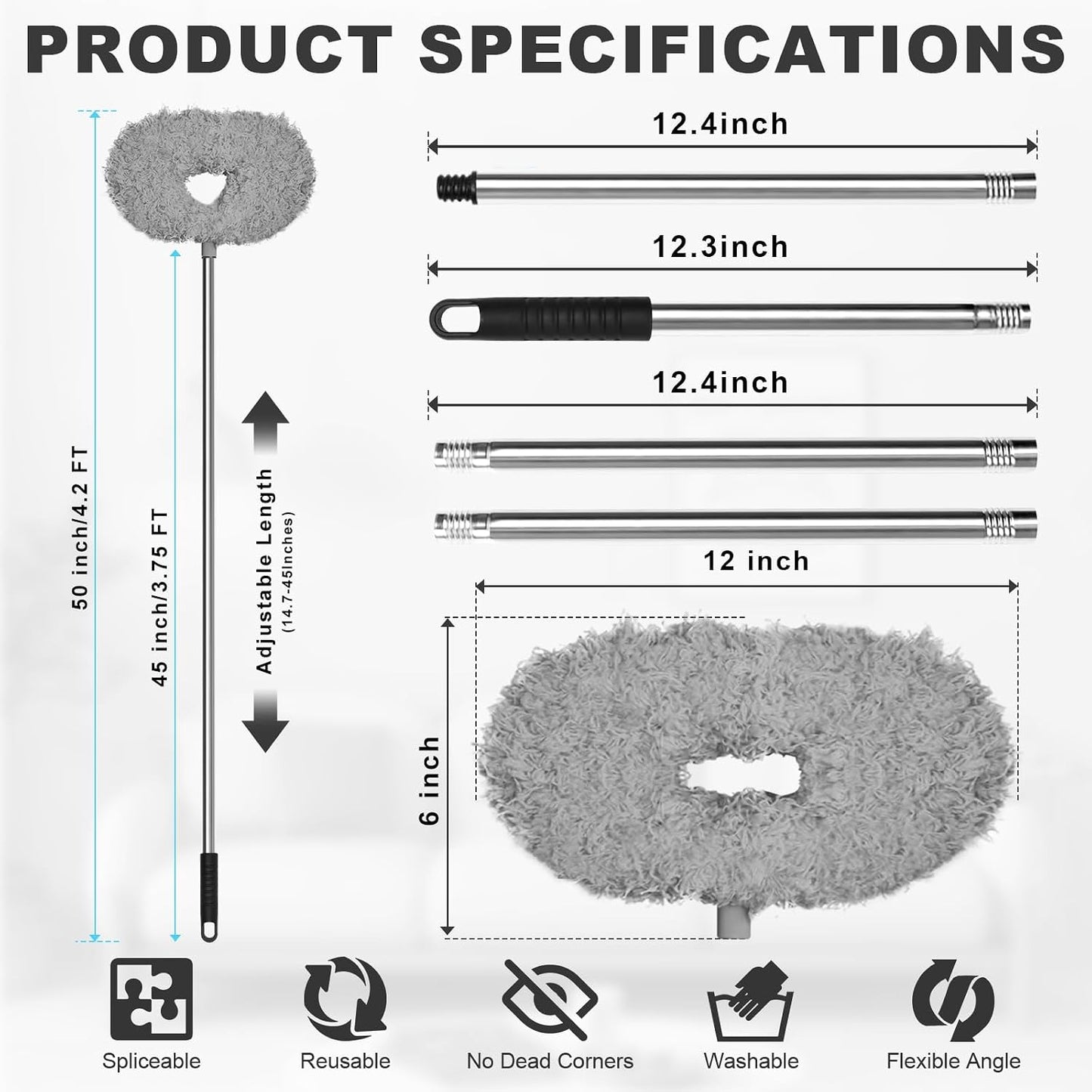 Storystore Ceiling Fan Cleaner Duster, Adjustable Microfiber Duster | 4.2FT Fan Cleaner with 13-50" Pole for Cleaning Fan Blades, Cobwebs, Walls, Doors and Windows, Brush for Dust Removal