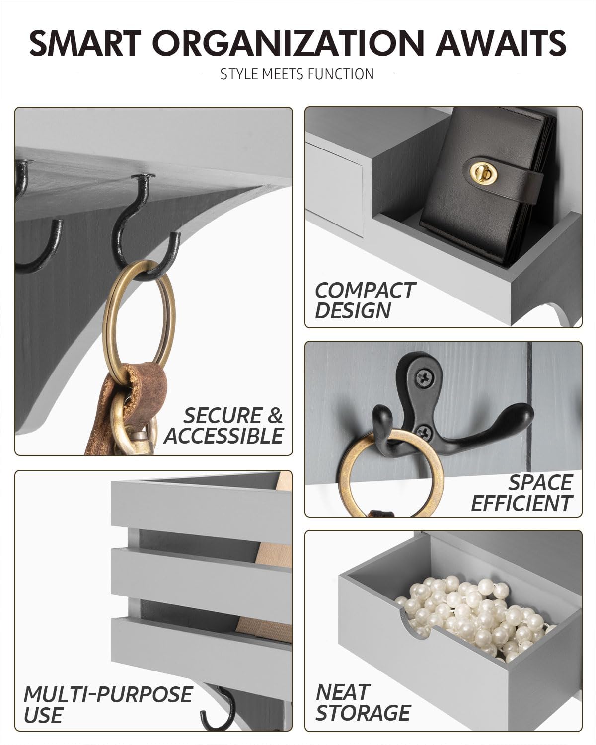 Rebee Vision Key Holder Wall Mount with Drawer Organizer for Entryway,Brown | Pine Wood, 6 Key Hooks, Display Shelf for Plants, Mail Slot for Storage Letter, Multi-Funtional Design, Home Storage