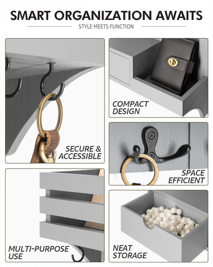 Rebee Vision Key Holder Wall Mount with Drawer Organizer for Entryway,Brown | Pine Wood, 6 Key Hooks, Display Shelf for Plants, Mail Slot for Storage Letter, Multi-Funtional Design, Home Storage