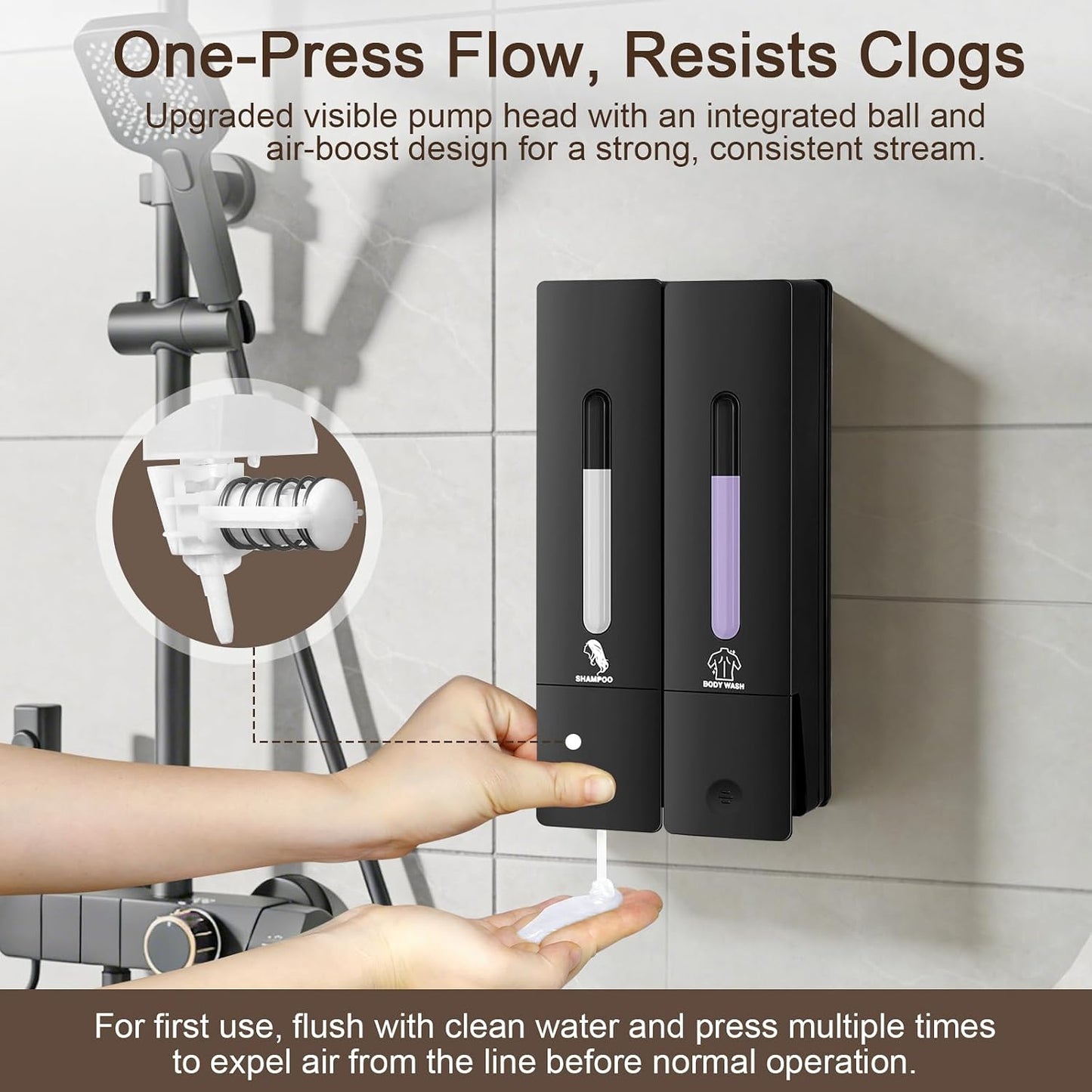 3 Chamber Shampoo and Conditioner Dispenser Set, No Drill Shower Soap | Refillable wall-mounted bottles, BPA-free. 3x400ml. Dispenses shampoo, conditioner,body wash, soap, lotion, gel. Black.