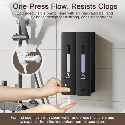 3 Chamber Shampoo and Conditioner Dispenser Set, No Drill Shower Soap | Refillable wall-mounted bottles, BPA-free. 3x400ml. Dispenses shampoo, conditioner,body wash, soap, lotion, gel. Black.