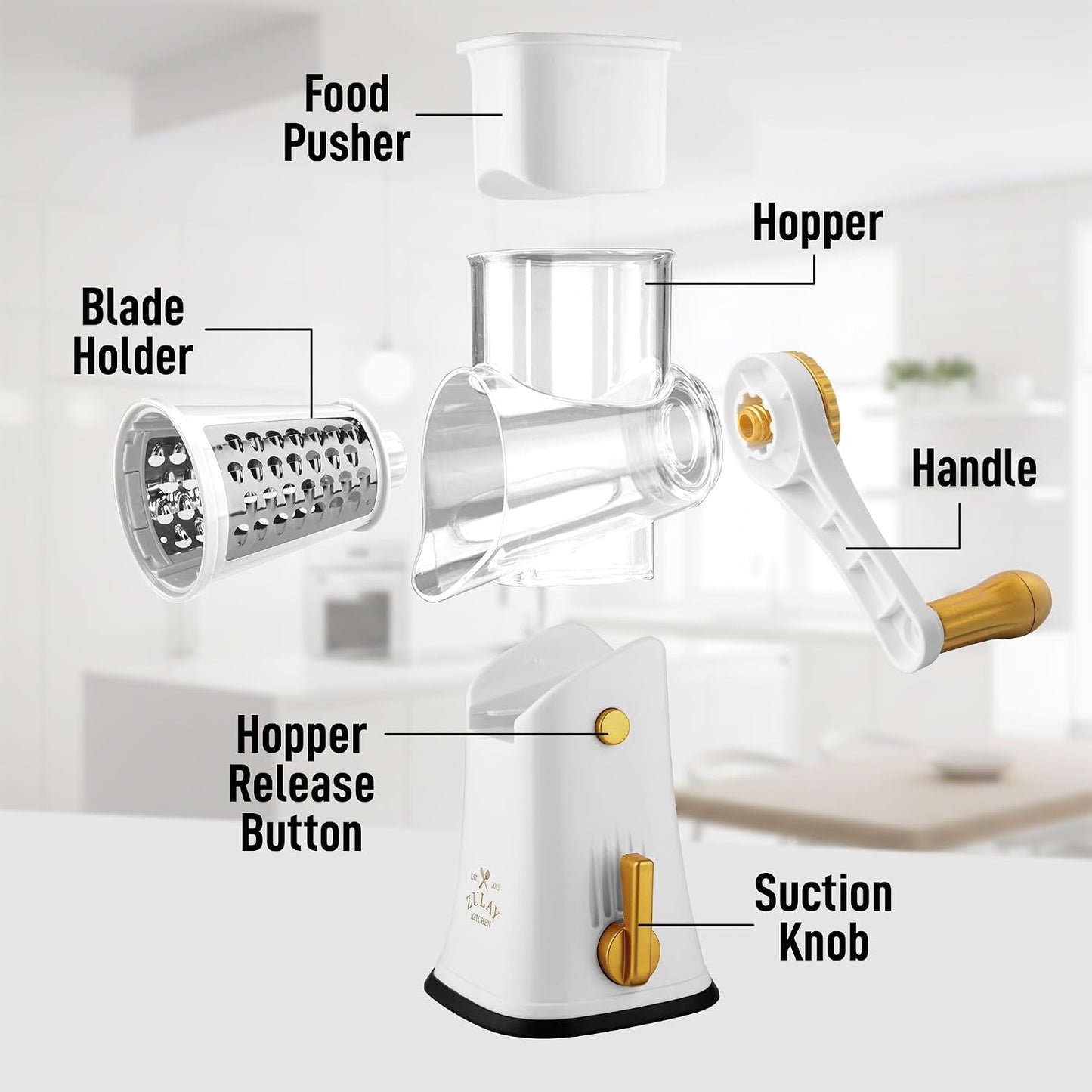Zulay Kitchen Rotary Cheese Grater 5 Blade Cheese Shredder - Manual Hand Crank Cheese Grater With Reinforced Suction & 5 Interchangeable Drums - Easy to Use, Vegetable Chopper Round Mandoline Slicer - Colors B