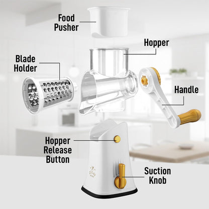 Zulay Kitchen Rotary Cheese Grater 5 Blade Cheese Shredder - Manual Hand Crank Cheese Grater With Reinforced Suction & 5 Interchangeable Drums - Easy to Use, Vegetable Chopper Round Mandoline Slicer - Colors B