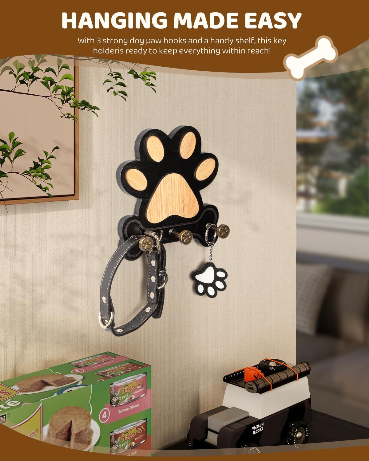 MTERSN Pine Wood Dog Leash Holder for Wall for Dog Walking Station, Black