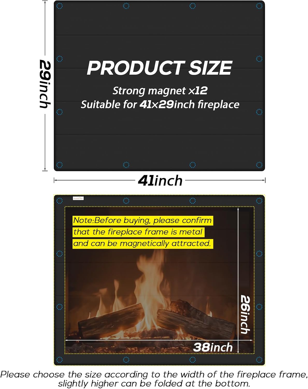 PAWBOSE Magnetic Fireplace Cover - Stop Heat Loss & Keep Drafts Out with Built-in 12 Strong Magnets for Iron Fireplace Frame, 39x32 Inch