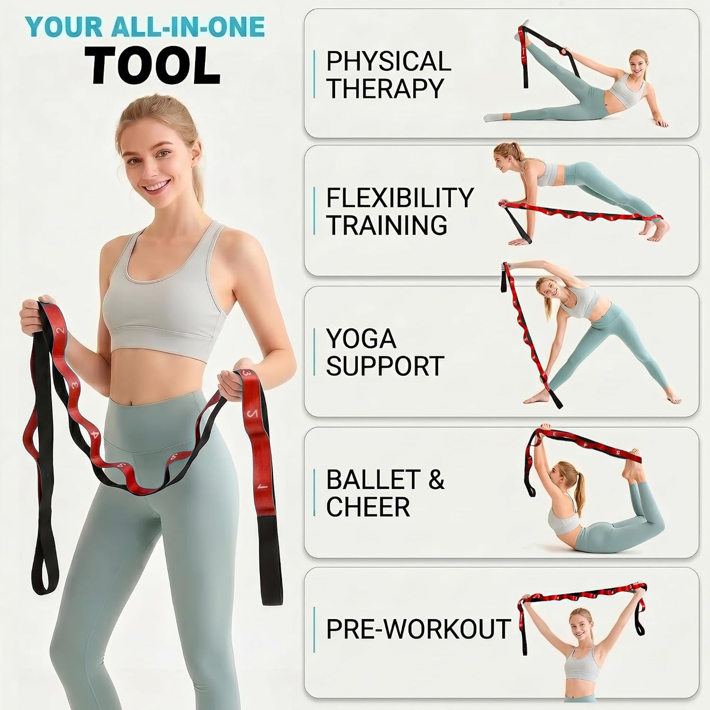 Acozycoo Stretching Strap with Loops for Physical Therapy,Knee,Calf,Back | Yoga Strap for Stretching,Non-Elastic Stretch Band,Rehab,Pilates,Flexibility Training,Hamstring,Leg Lifter,Fascia,Leg,Hip