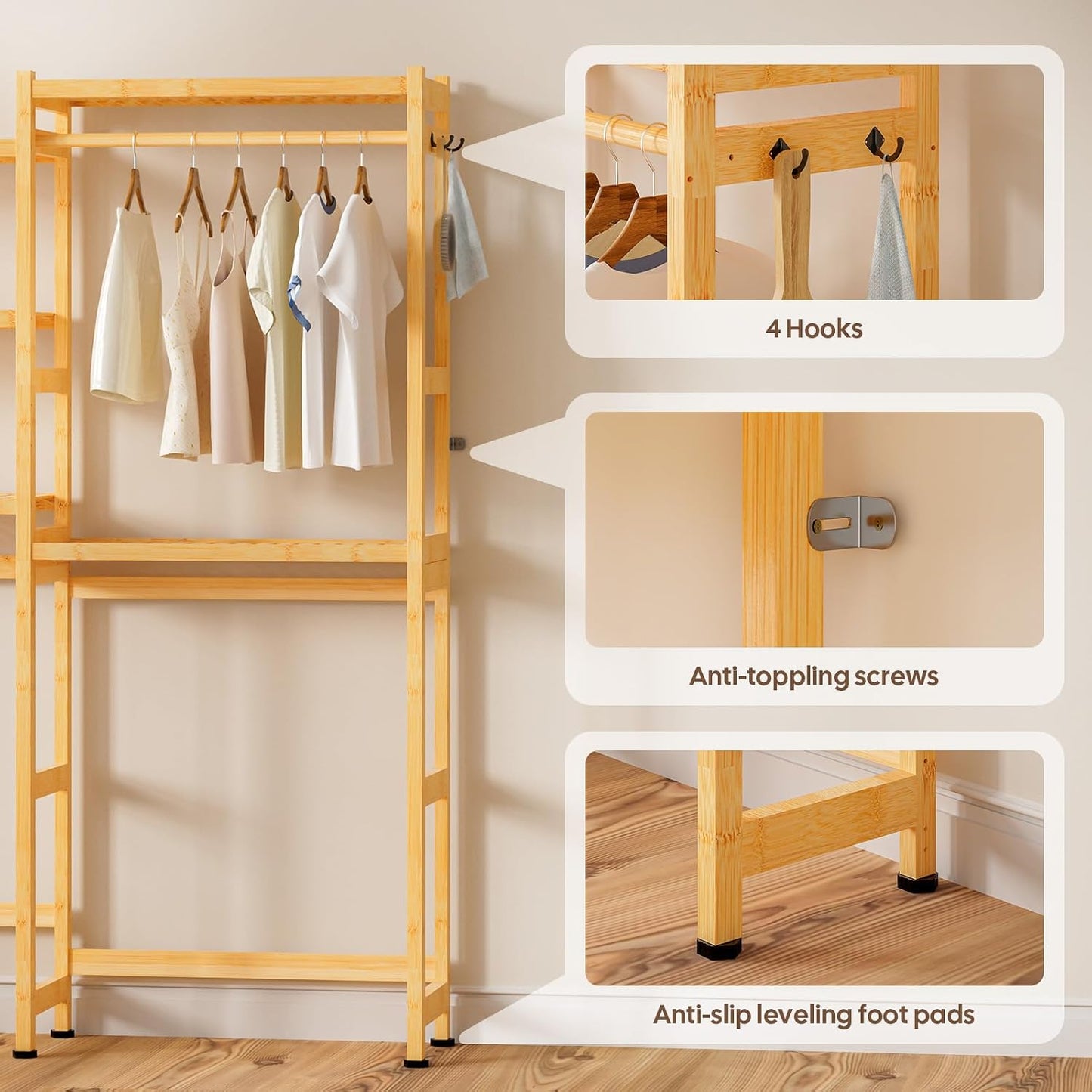 Cozivolife Over The Washer Dryer Storage Shelf: Bamboo 5 Tiers (Natural) | Laundry Room Drying Rack with Adjustable Shelves and 4 Hooks - Space Saver Organizer for Hanging Clothes and Towels